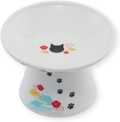 Necoichi Raised Cat Food Bowl – Ceramic Elevated Cat Bowl for Whisker & Neck Fatigue, Dishwasher Microwave Safe – Non-Slip & Anti Vomiting Ergonomic Design (Fuji, Extra Wide)