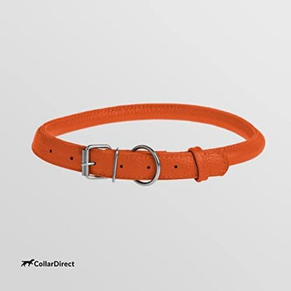 CollarDirect Rolled Leather Dog Collar, Soft Padded Round Puppy Collar, Handmade Genuine Leather Collar Dog Small Large Cat Collars 13 Colors (13-16 Inch, Orange Textured)