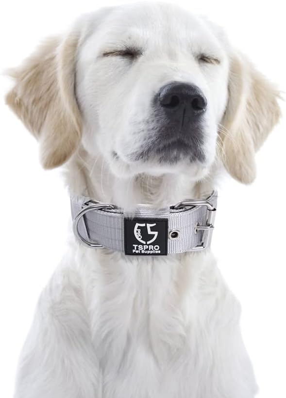 TSPRO Tactical Dog Collar 1.5 Inch Wide Thick Dog Collars with Heavy Duty Metal Buckle, Durable, Strong, Adjustable for Medium to Large Dogs (Silver M)