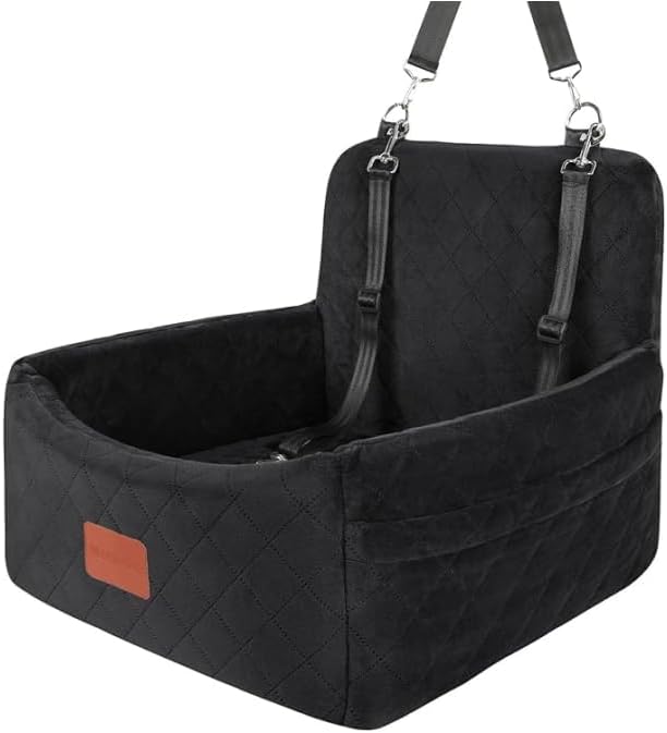 Dog Car Seat for Small Dogs Under 30lbs, Washable Pet Travel Car Bed with Memory Foam,Fully Detachable Cover,2 Storage Pockets & Safety Leash,Non-Slip Bottom(Black) - Pawvie