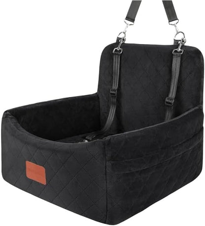 Dog Car Seat for Small Dogs Under 30lbs, Washable Pet Travel Car Bed with Memory Foam,Fully Detachable Cover,2 Storage Pockets & Safety Leash,Non-Slip Bottom(Black) - Pawvie