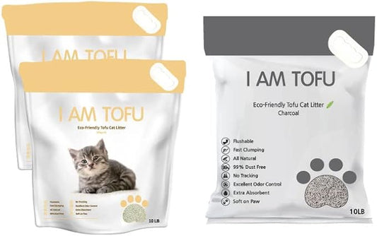 I AM TOFU - Tofu Cat Litter, Natural Flushable Extra Clumping Pellet Litter, 10LB x 3 (Original 2 & Charcoal1)