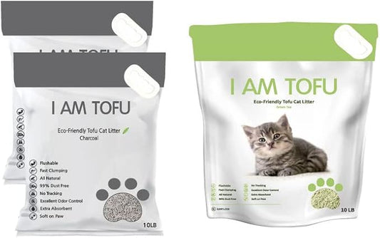 I AM TOFU - Tofu Cat Litter, Natural Flushable Extra Clumping Pellet Litter, 10LB x 3 (Charcoal 2 & Green Tea 1)