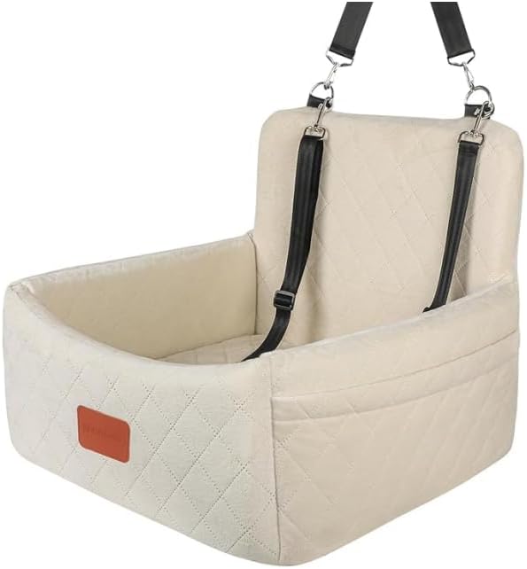 Dog Car Seat for Under 30lbs Dogs,Comfy Febric Fill in Memory Foam,Washable and Detachable Pet Travel Car Bed,Anti-Slip Bottom,2 Safety Leashes & Storage Pockets(Beige) - Pawvie