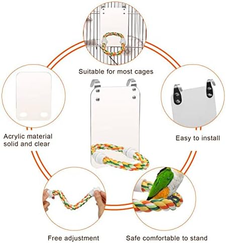 AHIER 7 Inch Bird Mirror with Rope Perch, Bird Toys Swing Parrot Grinding Stone with Bell for Parakeet Cockatoo Cockatiel Lovebirds Canaries