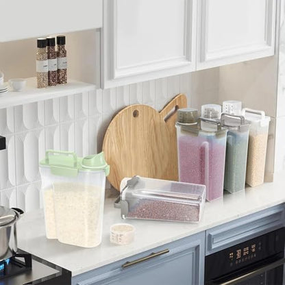 10-20Lbs Portable Cat Dog Food Storage Container with Upgraded Large Spout and Cup Dispenser for Small Large Animal Kibble, Pet Bird snack, Oatmeal, Rice, Flour, Brown Sugar-3 Pack Purple Gray Green