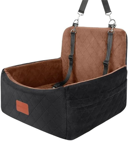 Dog Car Seat for Small Dogs Under 30lbs,Ultra Soft Fabric & Memory Foam Pet Travel Car Bed,Washable & Detachable,Anti-Slip Bottom,2 Storage Pockets and Safety Tethers(Black/Brown) - Pawvie