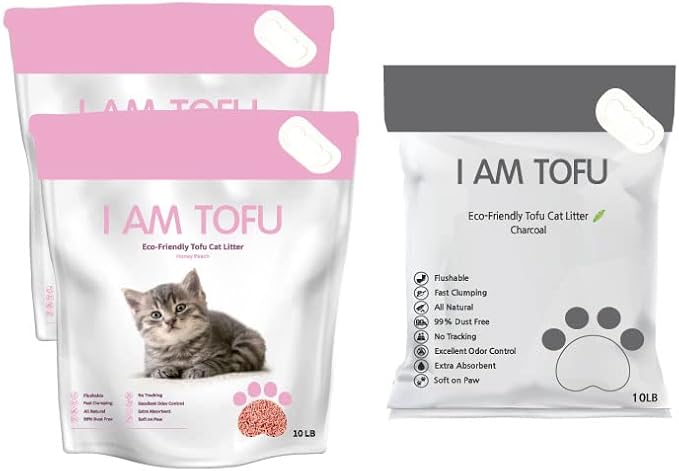 I AM TOFU - Tofu Cat Litter, Natural Flushable Extra Clumping Pellet Litter, 10LB x 3 (Honey Peach 2 & Charcoal 1)