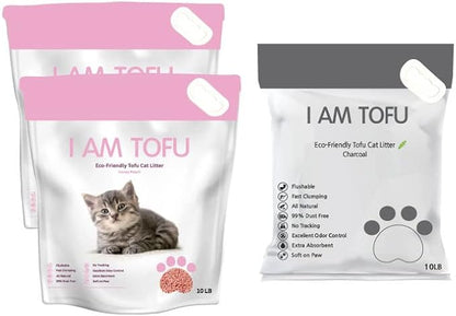 I AM TOFU - Tofu Cat Litter, Natural Flushable Extra Clumping Pellet Litter, 10LB x 3 (Honey Peach 2 & Charcoal 1)