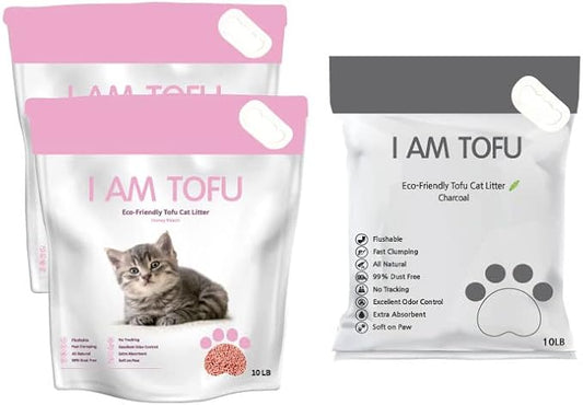I AM TOFU - Tofu Cat Litter, Natural Flushable Extra Clumping Pellet Litter, 10LB x 3 (Honey Peach 2 & Charcoal 1)