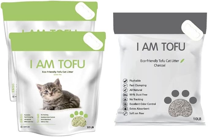 I AM TOFU - Tofu Cat Litter, Natural Flushable Extra Clumping Pellet Litter, 10LB x 3 (Green Tea 2 & Charcoal 1)