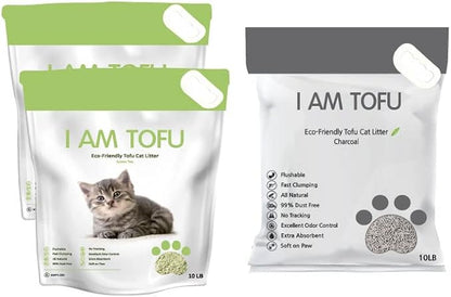 I AM TOFU - Tofu Cat Litter, Natural Flushable Extra Clumping Pellet Litter, 10LB x 3 (Green Tea 2 & Charcoal 1)