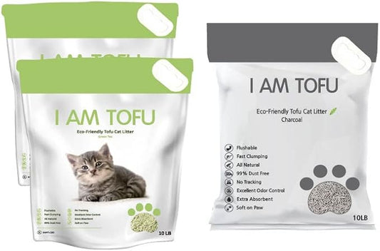 I AM TOFU - Tofu Cat Litter, Natural Flushable Extra Clumping Pellet Litter, 10LB x 3 (Green Tea 2 & Charcoal 1)