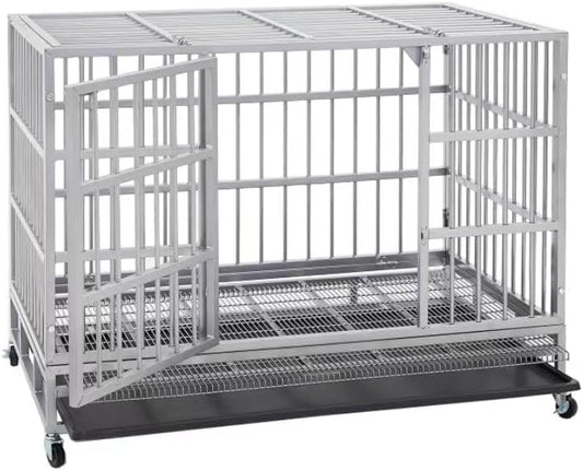 54/48/42/38 Inch Heavy Duty Dog Crate Cage with Wheels, Indestructible and Escape Proof Steel Kennel Indoor for High Anxiety Dogs with Sturdy Locks, Double Door and Tray, Extra Large XL XXL