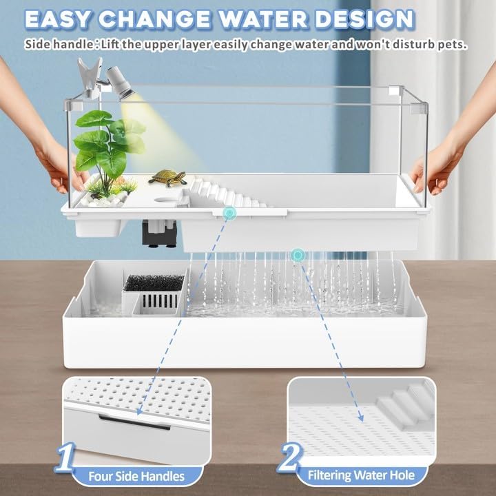 GOZILLA Large Turtle Tank Kit+Water Pump+Lamp, Acrylic Turtle Tank Starter Kit with Adjustable 5W Water Pump and Timing/Dimming Lamp, Multi-Functional Area for Small/Medium Turtles(Large-White Kit). - Pawvie