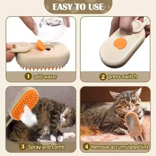 3-in-1 Steam Pet Brush for Cats & Dogs – Self-Cleaning Grooming Comb with Spray Mist, Massage & Shedding, Rechargeable USB, Anti-Static, Foldable Handle – White (WHITE)