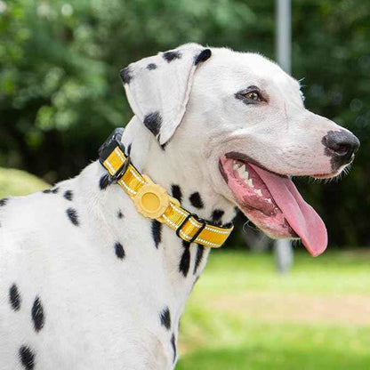 JSXD AirTag Dog Collar, Night Reflective Nylon Dog Collar for Small Medium Large Dogs,Lockable Quick Release Buckle,Padded Breathable Pet Collar with AirTag Holder (Yellow, Small)