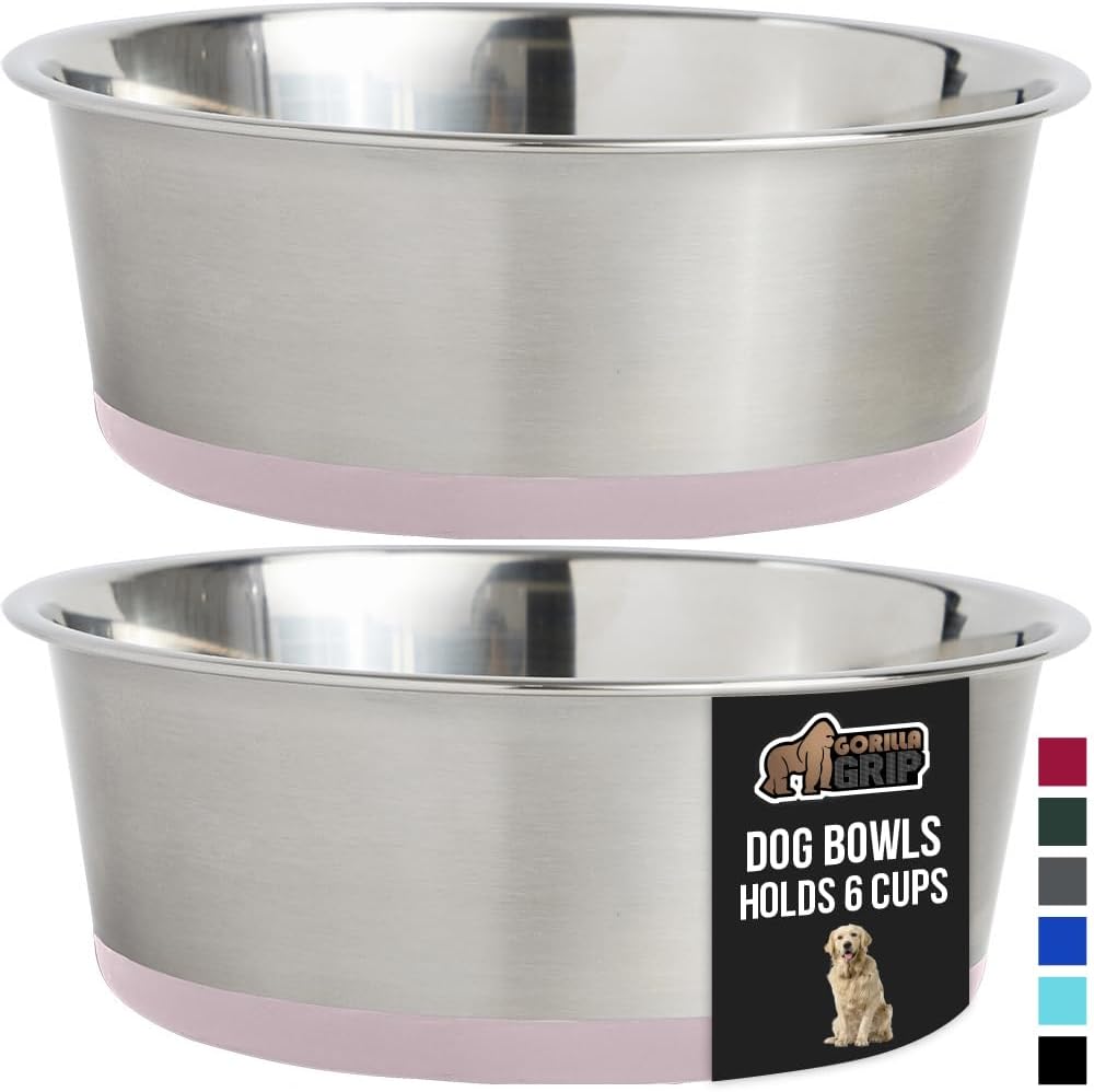 GORILLA GRIP Set of 2 Dog Bowls, Holds 6 Cups (48 fl oz), Heavy Duty Metal Food and Water Bowl for Feeding Dogs and Cats, Dishwasher Safe, Rust Resistant Stainless Steel, BPA Free Rubber Base, Lt Pink