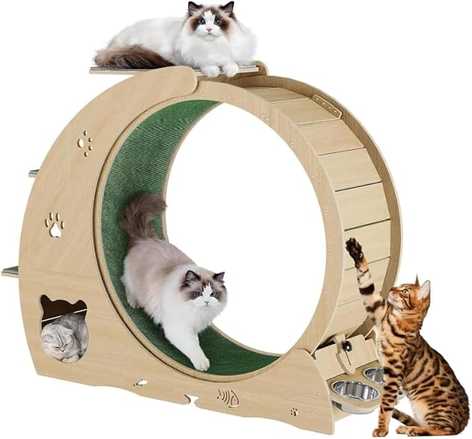 55" Multi-Cat Exercise Wheel with 3-Level Jumper & Scratching Pad - Silent TPE Spinner Activity Center with Rest Area to Prevent Boredom and Obesity in Indoor Cats