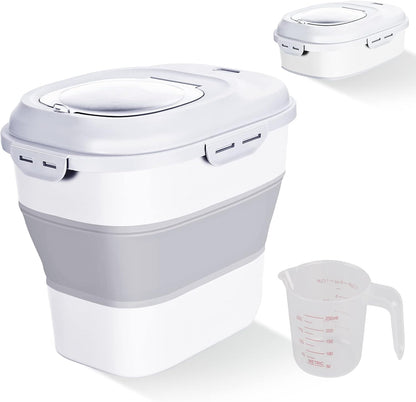 Cereal Rice Food Storage Containers, Collapsible 20 to 50 Lbs Dispenser Bin with Rolling Wheel Airtight Locking Lid, Dog Pet Cat Flour Sugar Plastic Leakproof Sealable Large Kitchen Pantry Holder