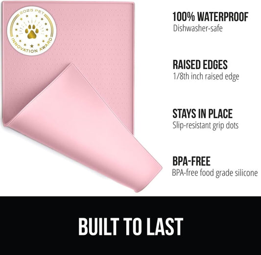 GORILLA GRIP 100% Waterproof Raised Edge BPA Free Silicone Pet Feeding Mat, Dog Cat Food Mats Contain Spills Protects Floors, Placemats for Cats and Dogs Water Bowl, Pets Accessories 28x18 Pink