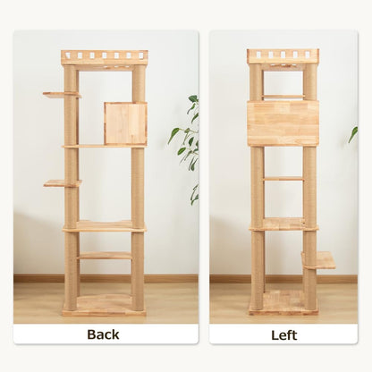 74" Wooden Cat Tree Tower for Large Cats, Multi-Level Cat Climbing Furniture with Scratching Posts, Cat Condo & Hammock, Natural Wood Cat Activity Center(Brown)
