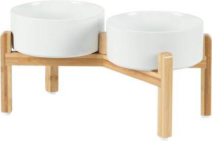 Ceramic Raised Double Bowls Set with Stand, Food & Water Bowls for Medium Breed Dogs, Weighted Dog Dishes, Pet Bowl(7.3'',41OZ, White)