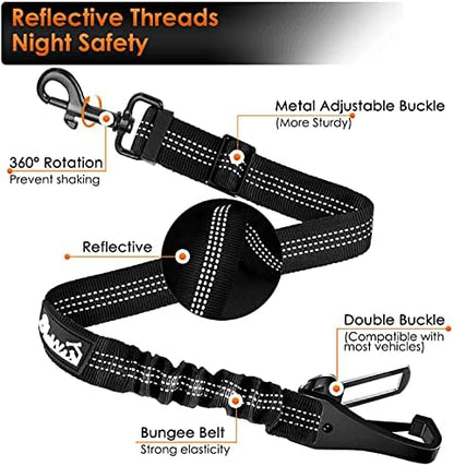 SlowTon Dog Seat Belt, Adjustable Dog Safety Belt Leash, 2 in 1 Latch Bar Attachment Dog Car Seatbelt with Elastic Nylon Bungee Buffer, Reflective Nylon Belt Tether Connect to Dog Harness (Black)