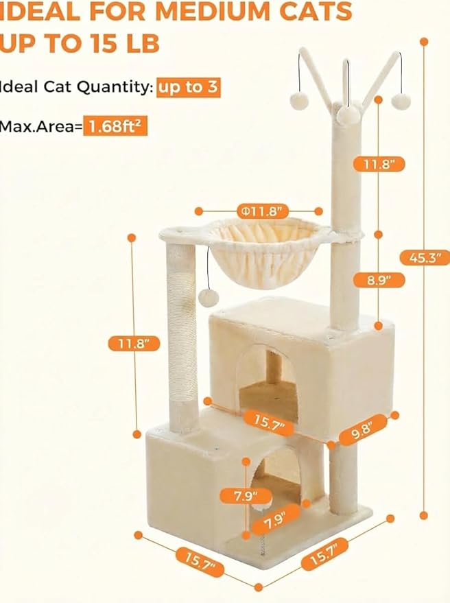 Cat Tree 45" for Indoor Cats, Compact Cat Tower with 2 Condos, Hammock Bed & 5 Hanging Ball Toys, Space-Saving Sturdy Cat Condo Furniture for Kittens & Small-Medium Cats
