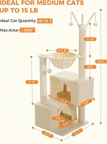 Cat Tree 45" for Indoor Cats, Compact Cat Tower with 2 Condos, Hammock Bed & 5 Hanging Ball Toys, Space-Saving Sturdy Cat Condo Furniture for Kittens & Small-Medium Cats