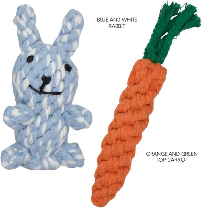 HILLBERRY Dog Rope Chew Toy Cotton Pink and Blue Rabbits and Carrot Bundle Set for Teething Puppy, Small, Miniature and Toy Breed Cute Pet Play Essentials