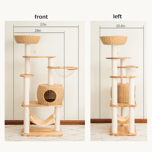 57'' Cat Tower for Large Cats, Manual Hand Woven Modern Multi-Level Condo with Natural Wood, Cat Activity Centre for Medium and Big Pets