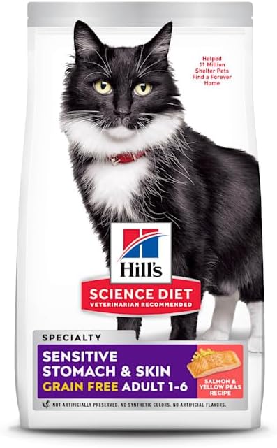 Hill's Science Diet Sensitive Stomach & Skin, Adult 1-6, Stomach & Skin Sensitivity Support, Dry Cat Food, Grain Free Salmon & Yellow Peas, 13 lb Bag