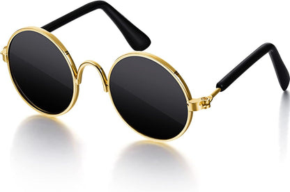 Dog Sunglasses Retro Pet Glasses Doll Glasses Classic Round Dog Glasses Metal Cat Puppy Eye Wear Hippie Costumes for Cats and Dogs, Photos Props Cosplay Party Costume (Gold, Black,Classic Style)