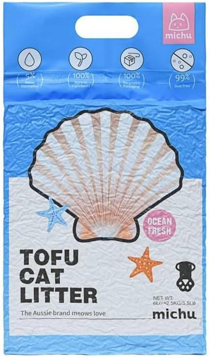 Tofu Cat Litter Natural Clumping Tofu Cat Litter, Fast Clumping and Easily Scoop-able 5.5lb/88oz 5 Scents - Ocean Fresh, 6 Pack