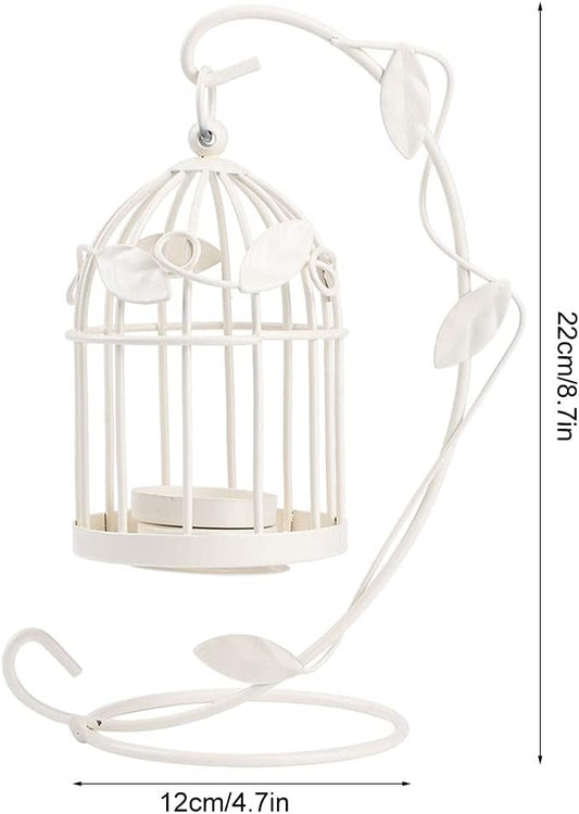 Birdcage Candle Holder, Hanging Candle Holder Decorative Bird Cages Bird Cage Decor Vintage Metal Candlestick for Wedding, Party(White)