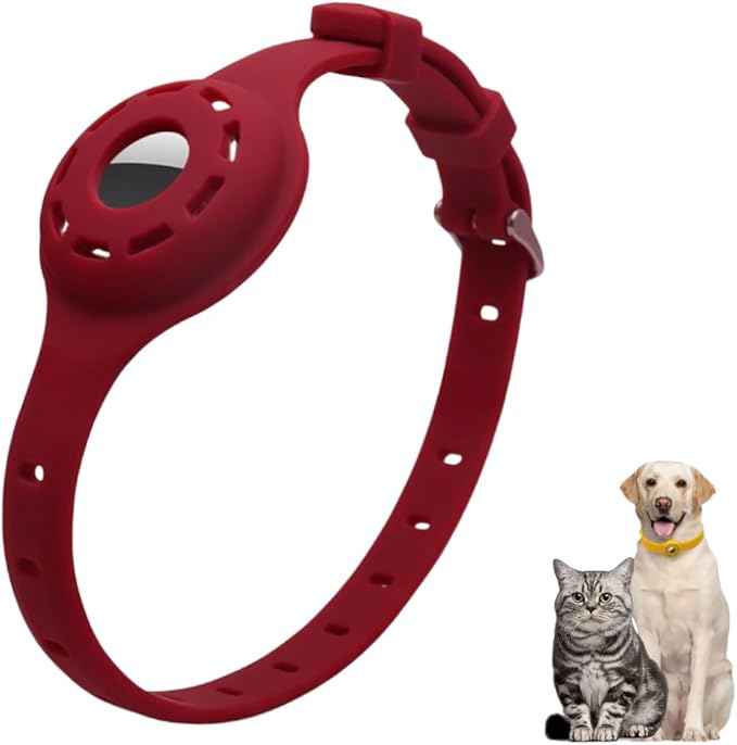 Airtag Protector Silicone Luminous Collar Adjustable Loss Prevention Eye-catching Pet Collar for Cats and Small Dogs(Dark Red)
