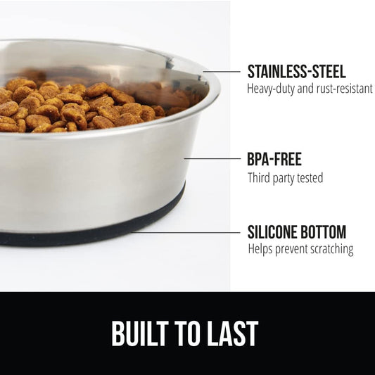 GORILLA GRIP Set of 2 Dog Bowls, Heavy Duty Metal Food and Water Bowl for Feeding Dogs and Cats, Dishwasher Safe, Rust Resistant Stainless Steel, BPA Free Rubber Base, Holds 1 Cup (8 fl oz), Black