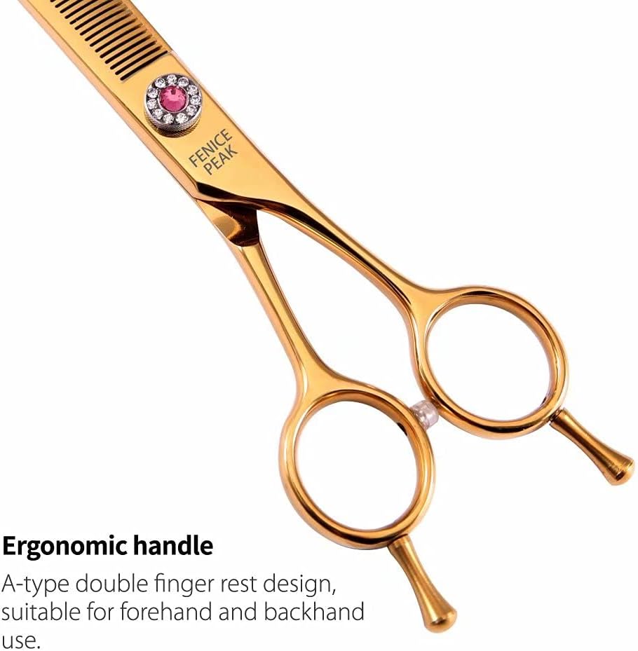 Fenice Peak Professional Dog Grooming Scissors Pet Curved Thinning Shears 7.0'' Extremely Sharp Blades 440C Steel Thinning Scissors Durable Smooth Motion & Fine Cut for Dogs and Cats(Gold)
