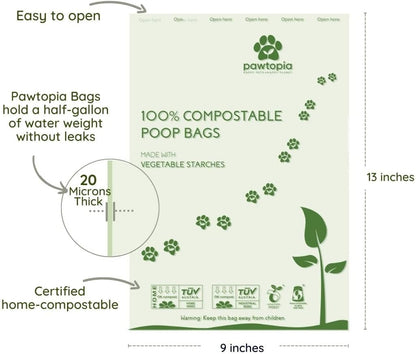 Pawtria Certified Home Compostable Dog Poop Bags (240 Bags + Lavender Carrier), Biodegradable Pet Waste Bags, Vegetable Starches, Leak proof Dog Waste Bags, Light-weight silicone made bag carrier