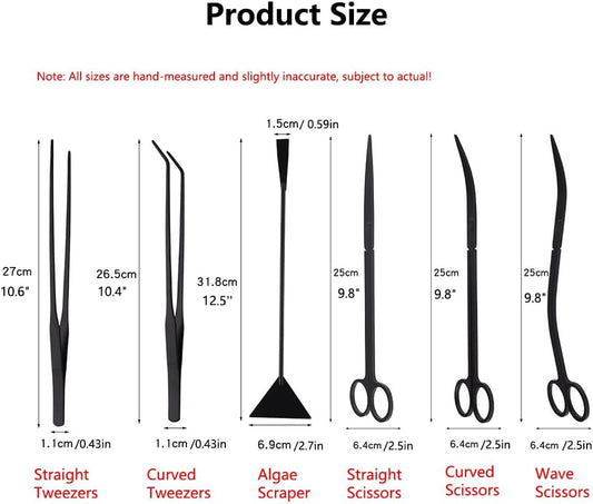7-in-1 Aquascaping Tools Kit for Aquarium & Terrarium - Stainless Steel Long Tweezers, Curved Scissors, Algae Scraper, Feeding Tongs - Live Plant Trimming & Tank Cleaning Accessories