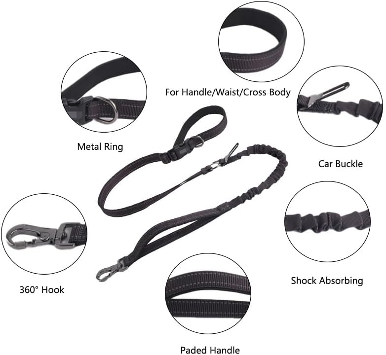 Hands Free Dog Leash for Large Medium Dogs Heavy Duty Bungee Reflective Adjustable Waist Leashes for Walking Running with Car Buckle 4-6FT (Black)