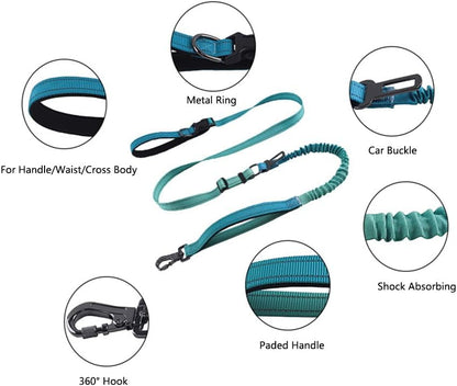 Hands Free Dog Leash for Large Medium Dogs Heavy Duty Bungee Reflective Adjustable Waist Leashes for Walking Running with Car Buckle 4-6FT (Green)
