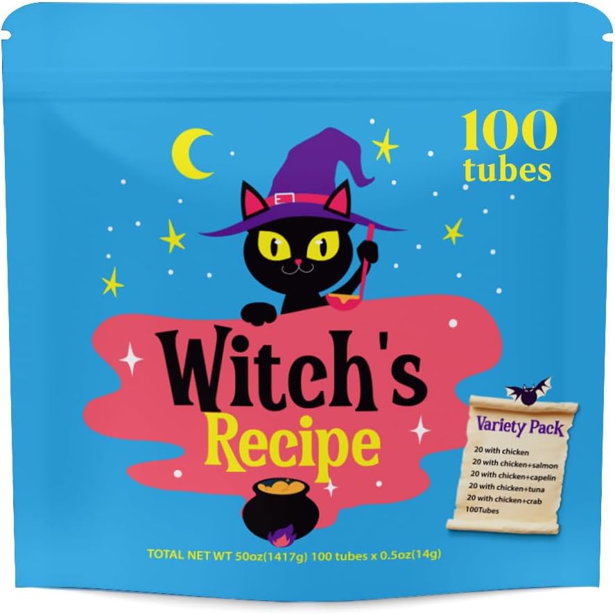 Witch's Recipe Lickable Cat Treats, Creamy Squeezable Puree, Grain-Free, 100 Tubes, Chicken Tuna Salmon goatmilk Capelin Flavors 0.5oz Each Tube