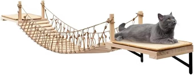 A.FATI Wall-Mounted Cat Roped Bridge Long for Indoor Cats, Cat Wall Shelves for Sleeping, Playing, Climbing, Wooden Cats Bed and Perches with Sisal Scratch Mat