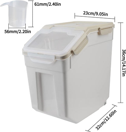 AnRui Airtight Flour Storage Container 25lb, Plastic Grain Storage Bucket, Rice Cereal Dispenser Organizer Box with Lid, Cat Dog Food Storage Bin with Measuring Cup, Scoop, Wheels, 2Pcs Grey