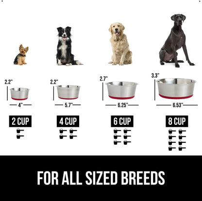 GORILLA GRIP Set of 2 Dog Bowls, Heavy Duty Metal Food and Water Bowl for Feeding Dogs and Cats, Dishwasher Safe, Rust Resistant Stainless Steel, BPA Free Rubber Base, Holds 2 Cups (16 fl oz), Red