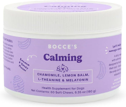 Bocce's Bakery Calming Supplement for Dogs, Daily Chews Made in The USA with Chamomile, Lemon Balm, L-Theanine & Melatonin, Supports Stress, Peanut Butter & Honey, 60 ct