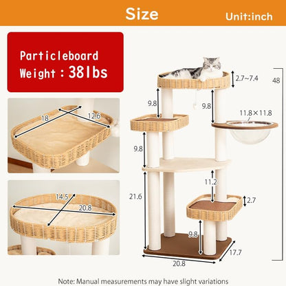 48'' Cat Tree for Large Cats, Modern Cat Tree Multi-Level Condo with Natural Wood, Cat Activity Centre for Medium and Big Pets