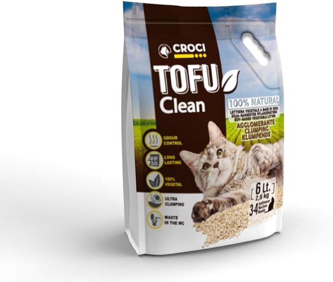 Croci Tofu Clean Litter 6L - Clumping Cat Litter, Biodegradable, flushes Down The Toilet, 100% Vegetable, Long Lasting Anti-Odor Sand